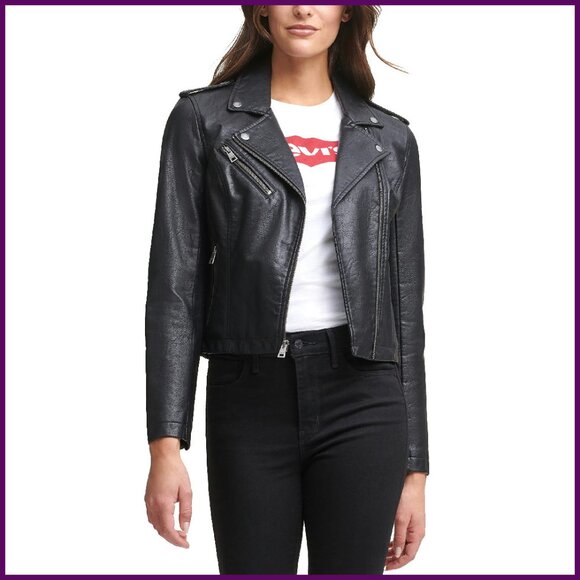 Classic Faux Leather Moto Jacket Regular & Plus Sizes Mid Weight
